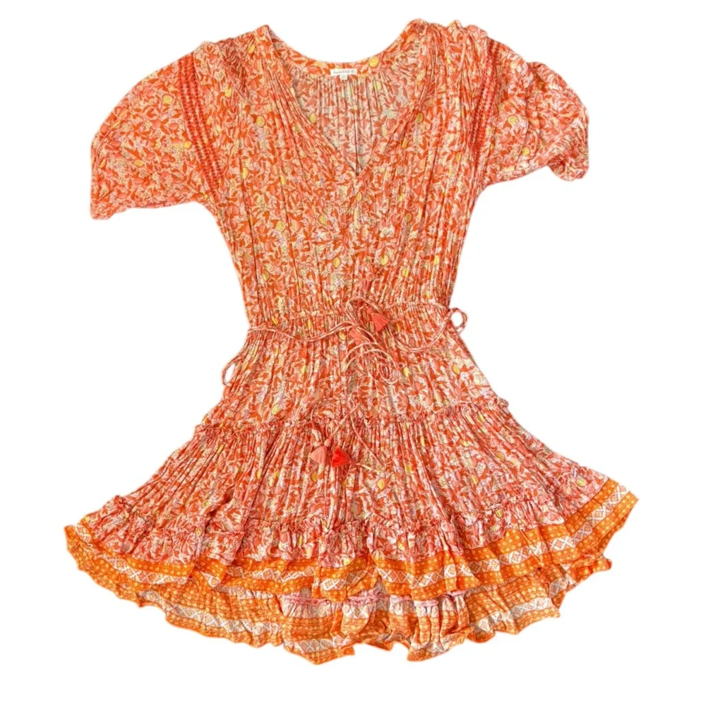 Poupette St. Barth Bonne V-Neck Dress in Orange & Yellow Fruit Print Size Medium
